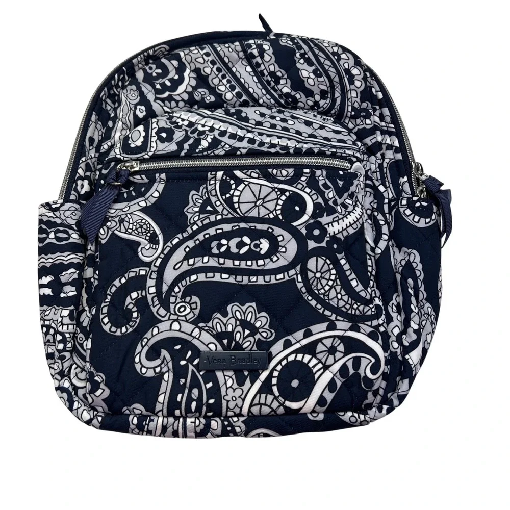 Vera Bradley Iconic Small Backpack Deep Night Paisley Quilted Cotton Navy Travel